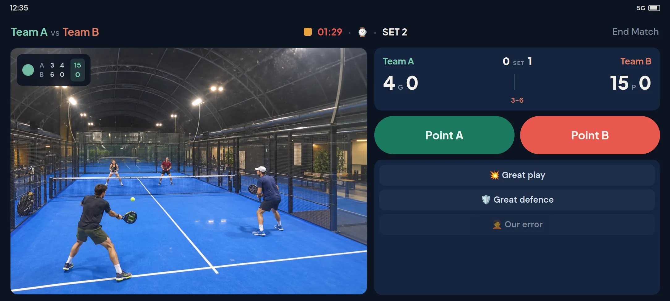 CourtClips recording a padel match: camera preview on the left, live score and point buttons on the right.