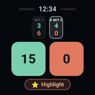 CourtClips on a WearOS watch showing the same match score, 15–0 in set 2.